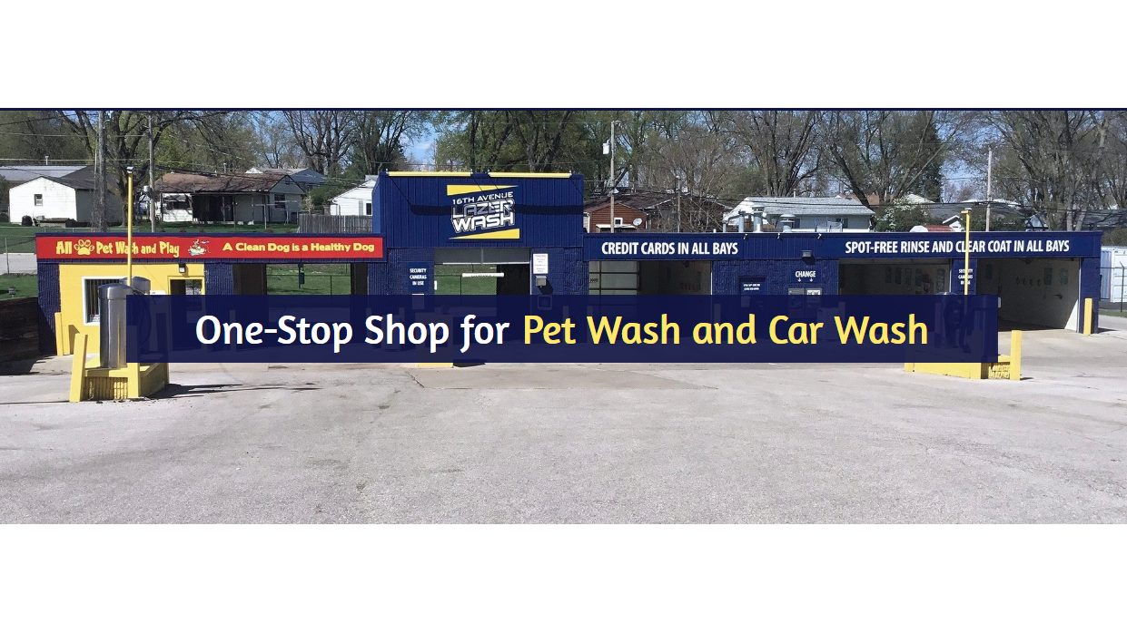 A wide view of the 16th Ave Lazer Wash lot with a One-Stop Shop for Pet Wash and Car Wash banner